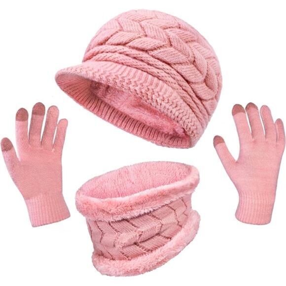 Accessories - 3-Pieces Winter Hat Gloves Scarf Set, Light Pink